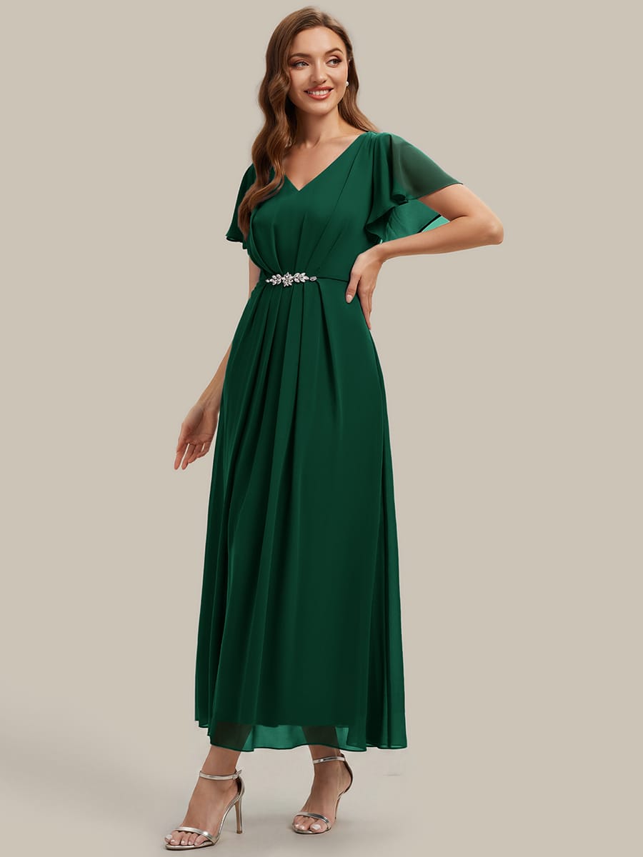 Rhinestone Embellished Chiffon Ruffle Sleeve Dress #color_Dark Green