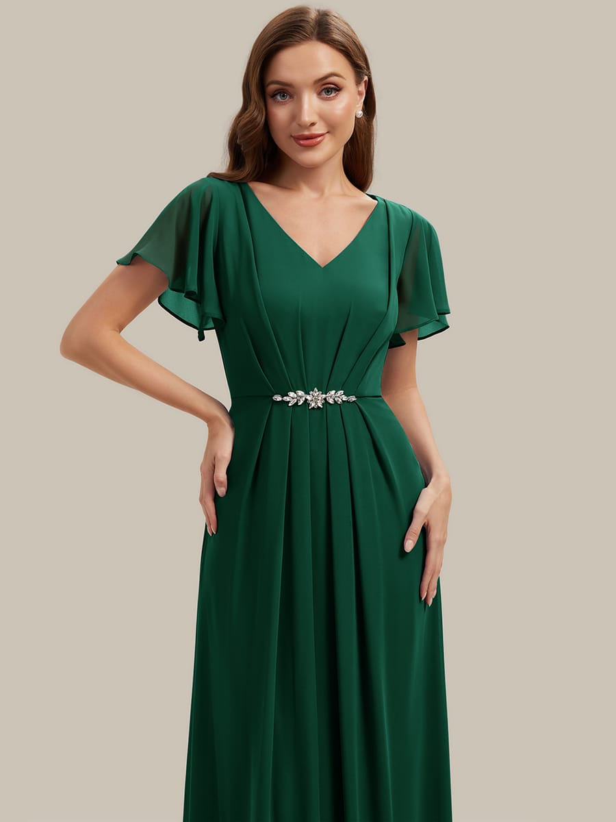 Rhinestone Embellished Chiffon Ruffle Sleeve Dress #color_Dark Green