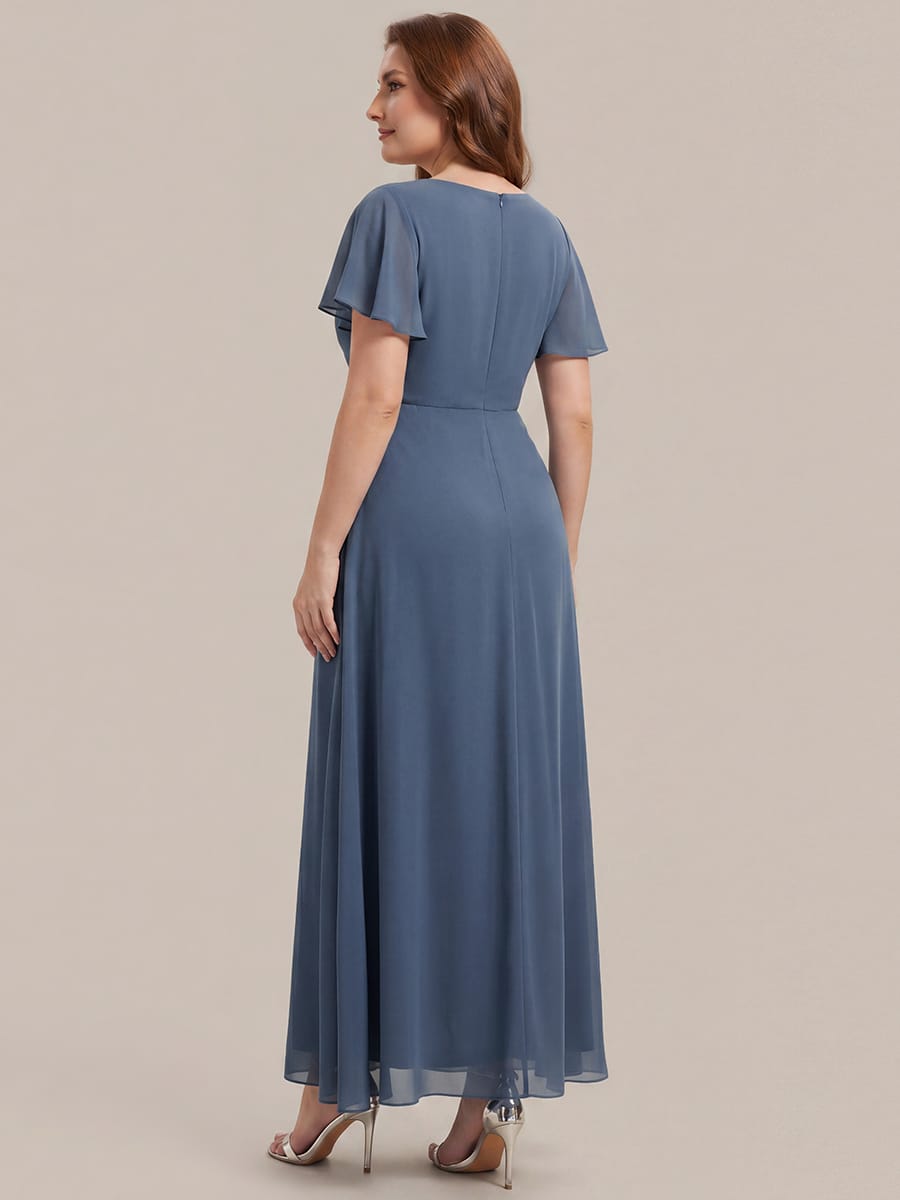 Rhinestone Embellished Chiffon Ruffle Sleeve Dress #color_Dusty Blue