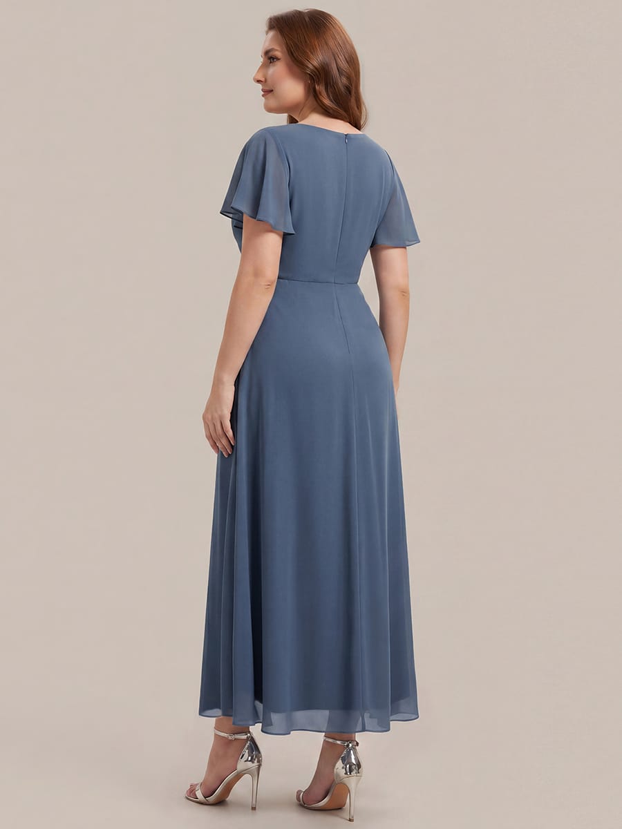 Rhinestone Embellished Chiffon Ruffle Sleeve Dress #color_Dusty Blue