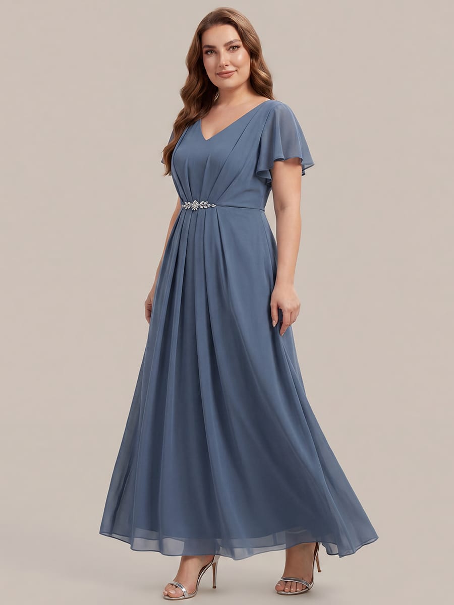 Rhinestone Embellished Chiffon Ruffle Sleeve Dress #color_Dusty Blue