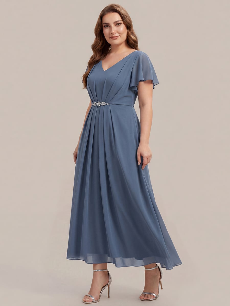 Rhinestone Embellished Chiffon Ruffle Sleeve Dress #color_Dusty Blue