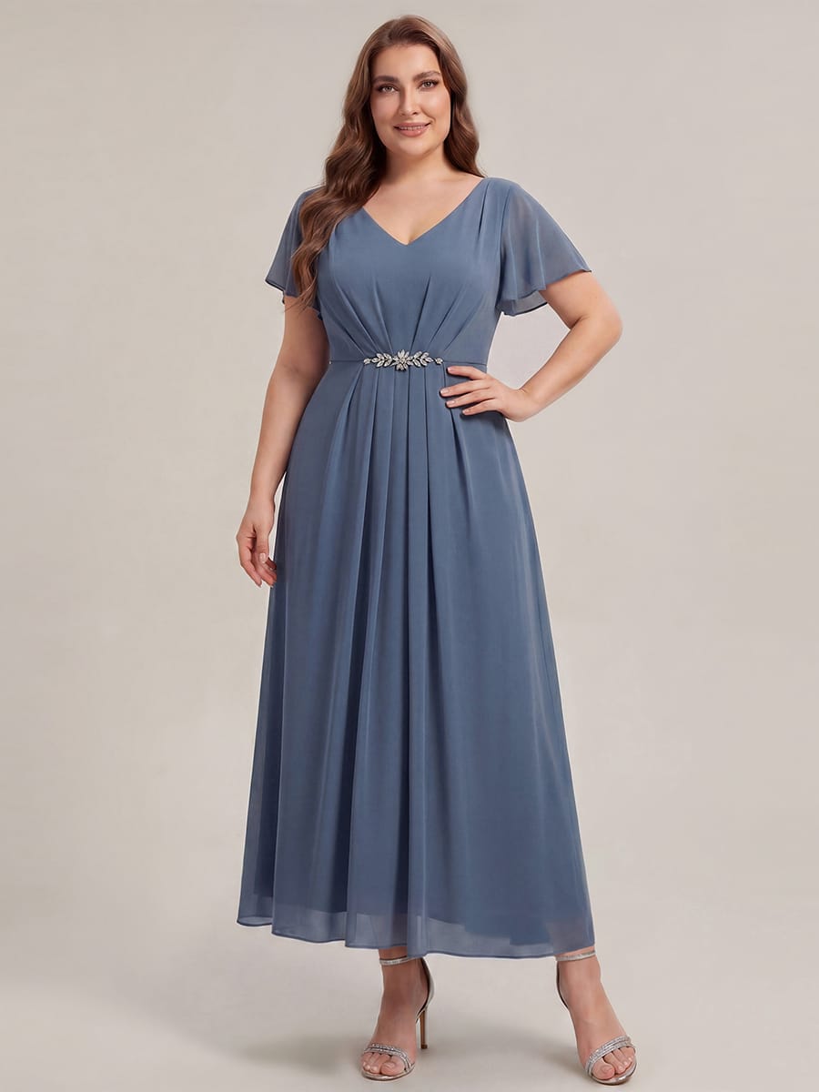 Rhinestone Embellished Chiffon Ruffle Sleeve Dress #color_Dusty Blue