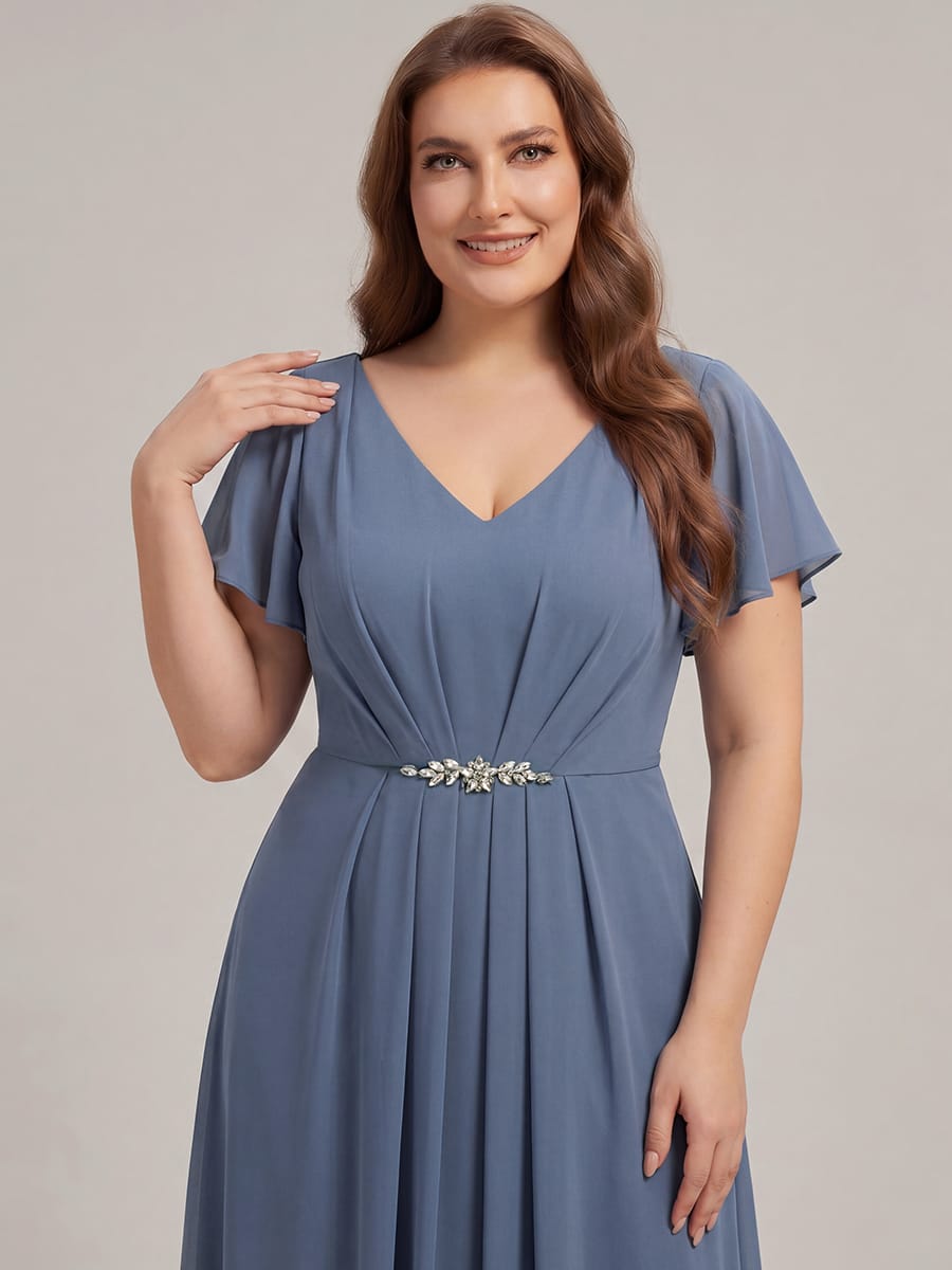 Rhinestone Embellished Chiffon Ruffle Sleeve Dress #color_Dusty Blue