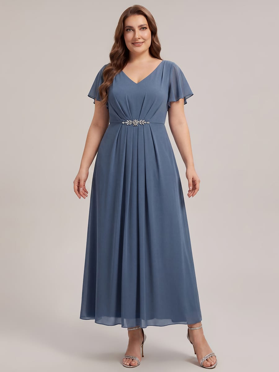 Rhinestone Embellished Chiffon Ruffle Sleeve Dress #color_Dusty Blue