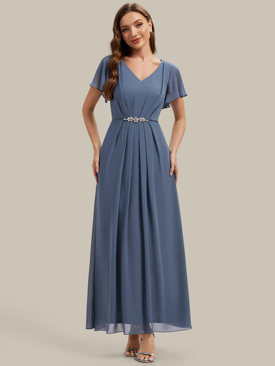 Rhinestone Embellished Chiffon Ruffle Sleeve Dress