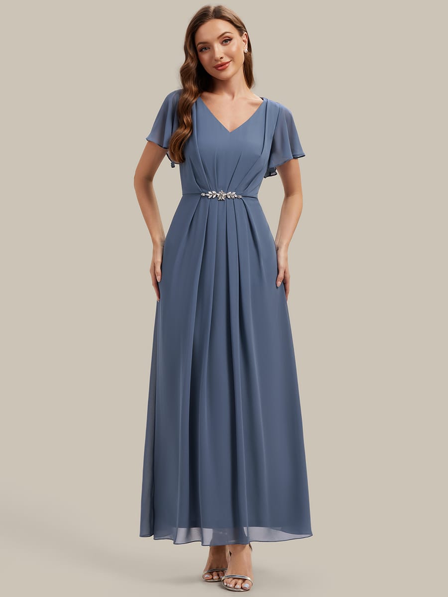 Rhinestone Embellished Chiffon Ruffle Sleeve Dress #color_Dusty Blue