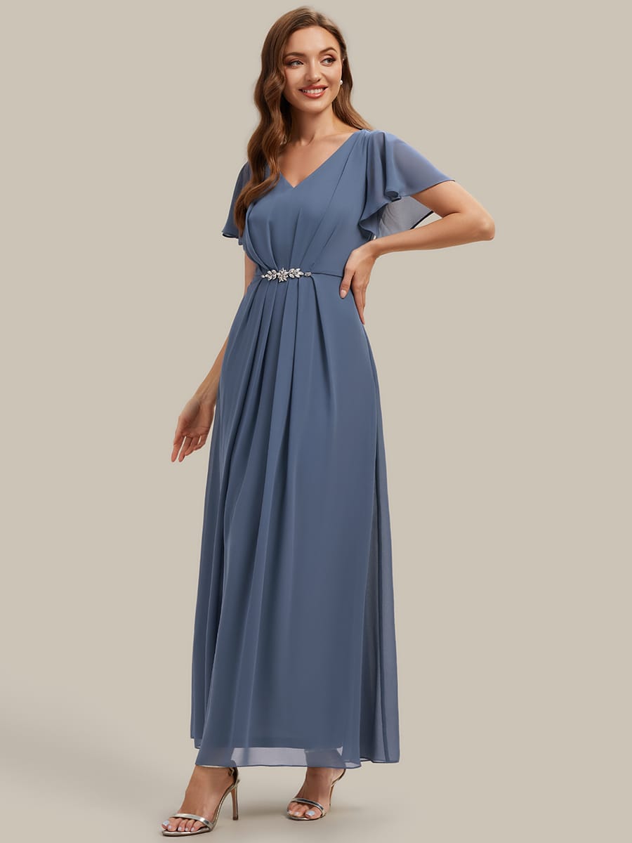Rhinestone Embellished Chiffon Ruffle Sleeve Dress #color_Dusty Blue