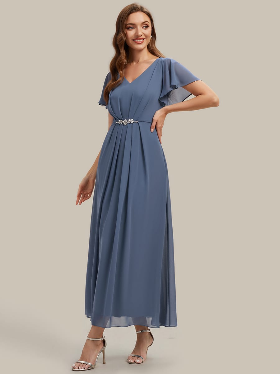 Rhinestone Embellished Chiffon Ruffle Sleeve Dress #color_Dusty Blue