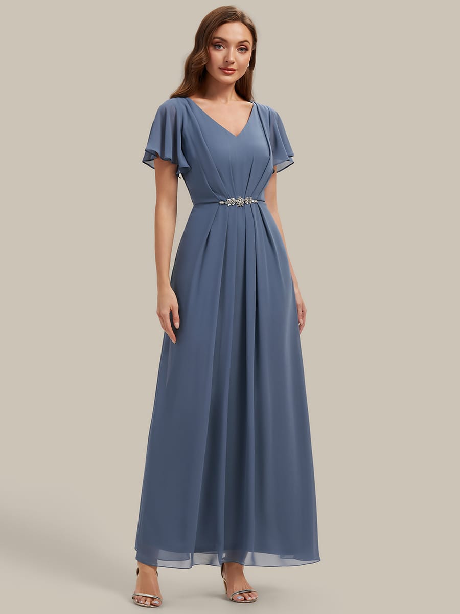 Rhinestone Embellished Chiffon Ruffle Sleeve Dress #color_Dusty Blue