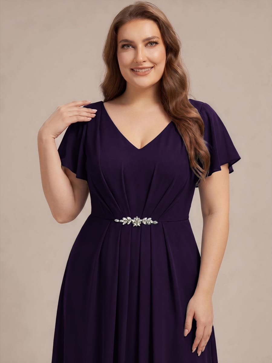 Rhinestone Embellished Chiffon Ruffle Sleeve Dress #color_Dark Purple