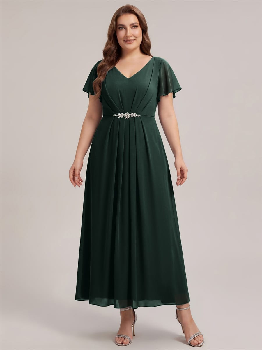 Rhinestone Embellished Chiffon Ruffle Sleeve Dress #color_Dark Forest Green