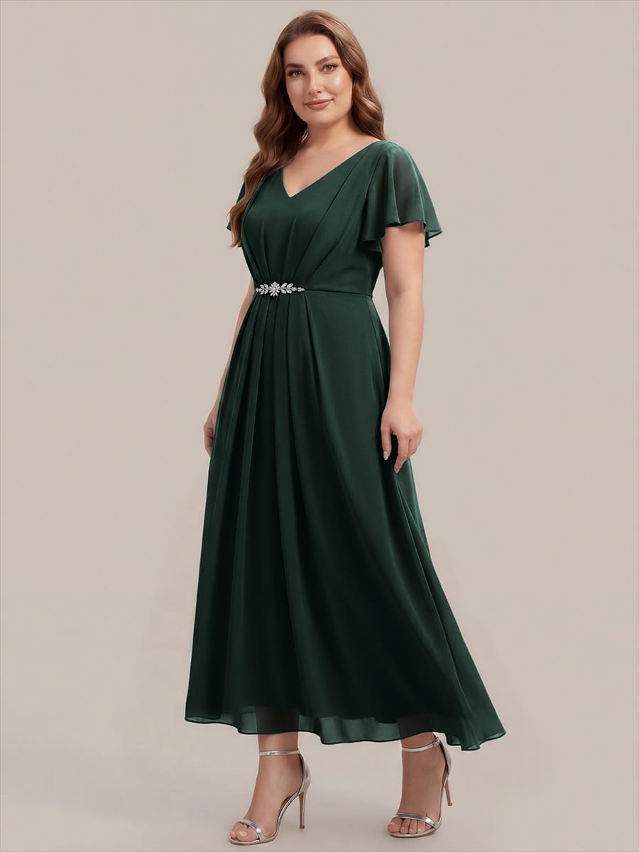 Rhinestone Embellished Chiffon Ruffle Sleeve Dress #color_Dark Forest Green
