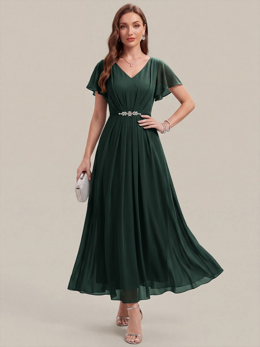 Rhinestone Embellished Chiffon Ruffle Sleeve Dress #color_Dark Forest Green