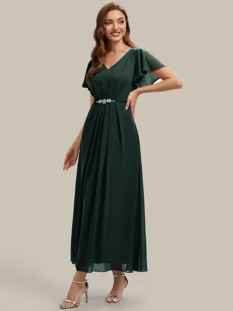 Rhinestone Embellished Chiffon Ruffle Sleeve Dress #color_Dark Forest Green