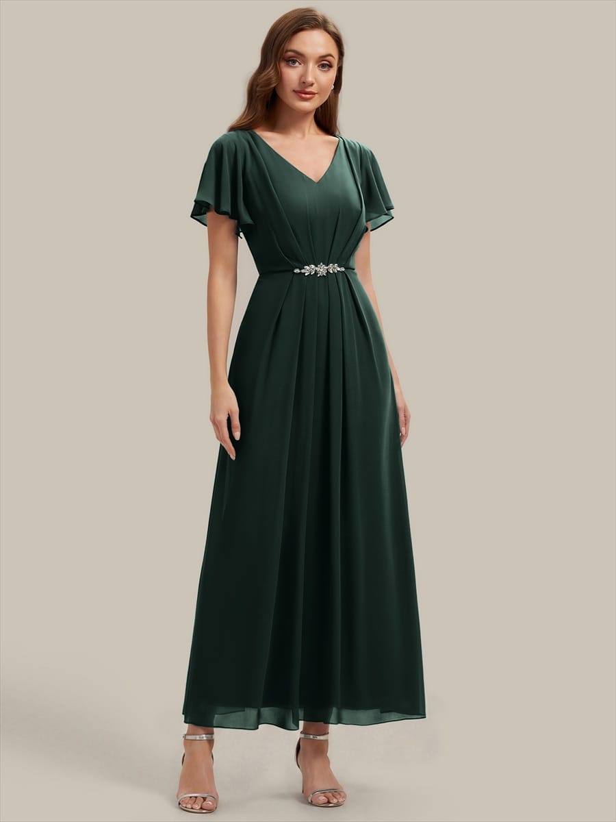 Rhinestone Embellished Chiffon Ruffle Sleeve Dress #color_Dark Forest Green