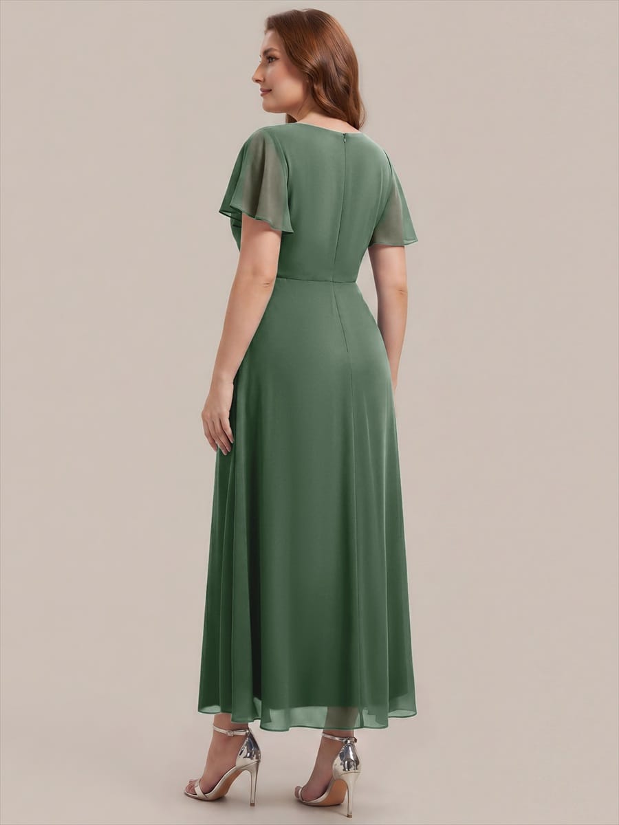 Rhinestone Embellished Chiffon Ruffle Sleeve Dress #color_Eucalyptus Green