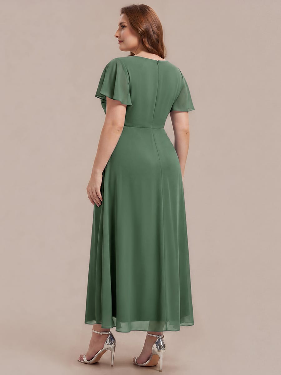 Rhinestone Embellished Chiffon Ruffle Sleeve Dress #color_Eucalyptus Green