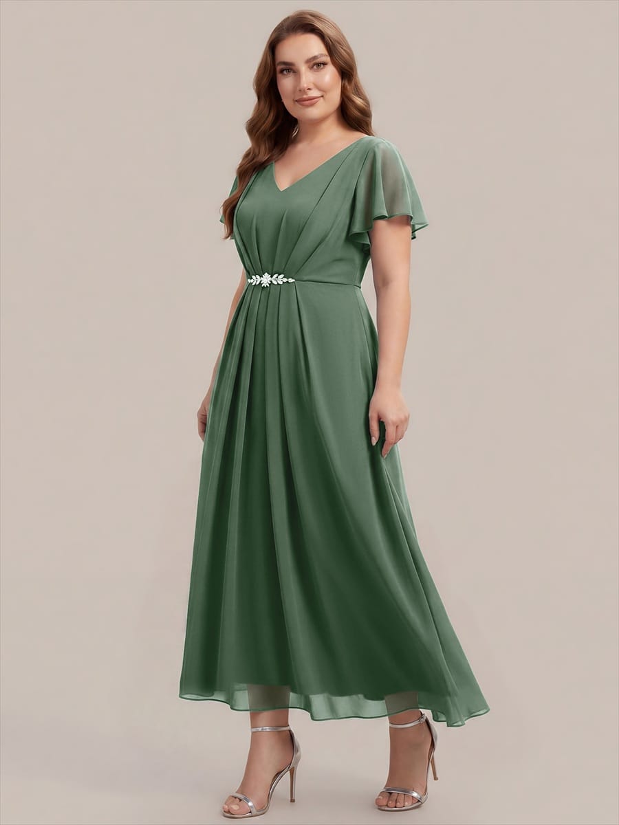 Rhinestone Embellished Chiffon Ruffle Sleeve Dress #color_Eucalyptus Green