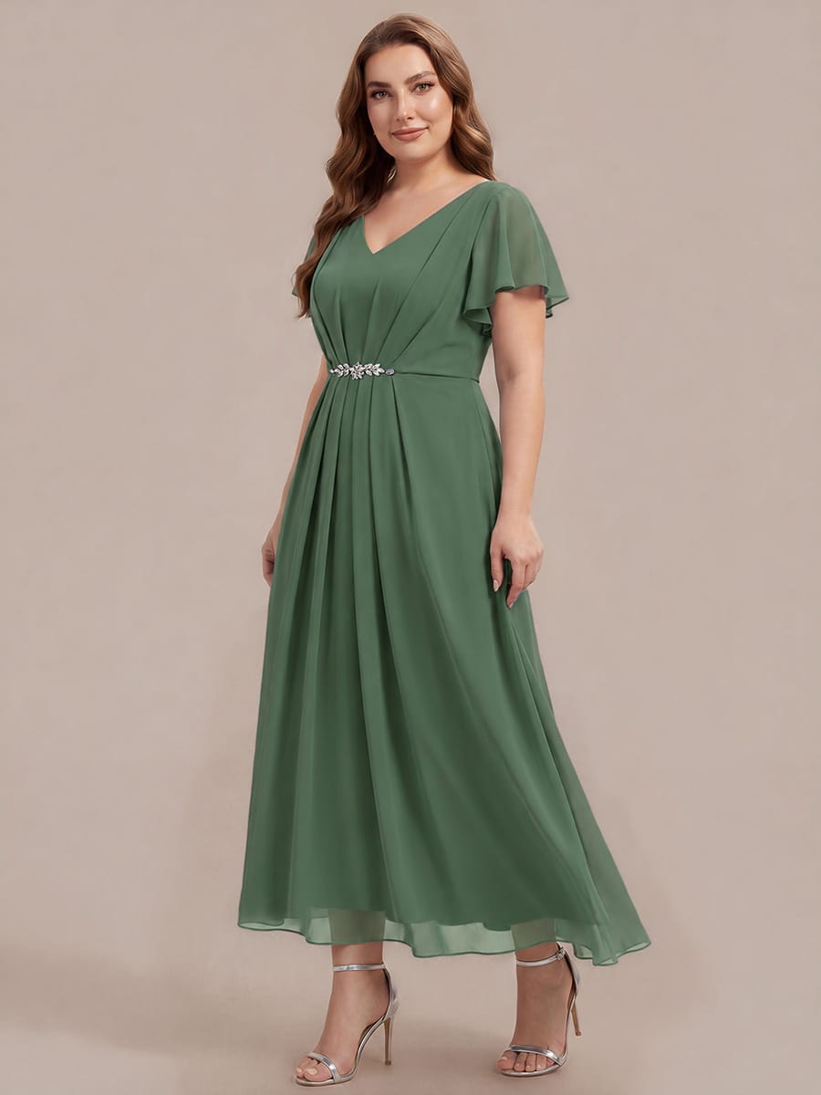 Rhinestone Embellished Chiffon Ruffle Sleeve Dress #color_Eucalyptus Green