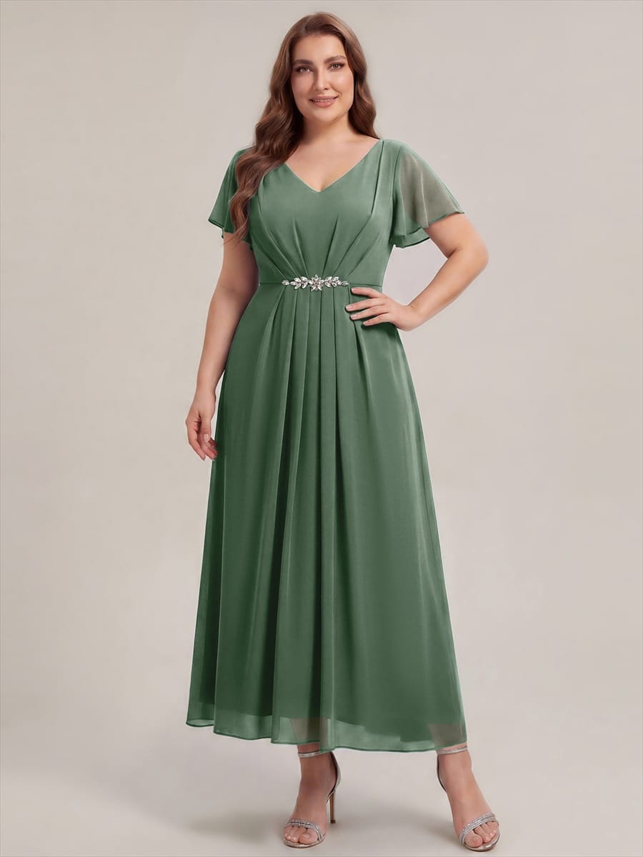 Rhinestone Embellished Chiffon Ruffle Sleeve Dress #color_Eucalyptus Green