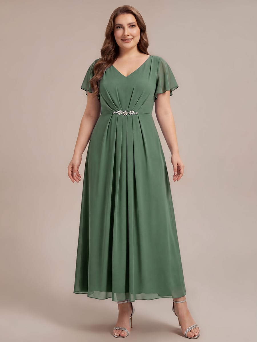 Rhinestone Embellished Chiffon Ruffle Sleeve Dress #color_Eucalyptus Green