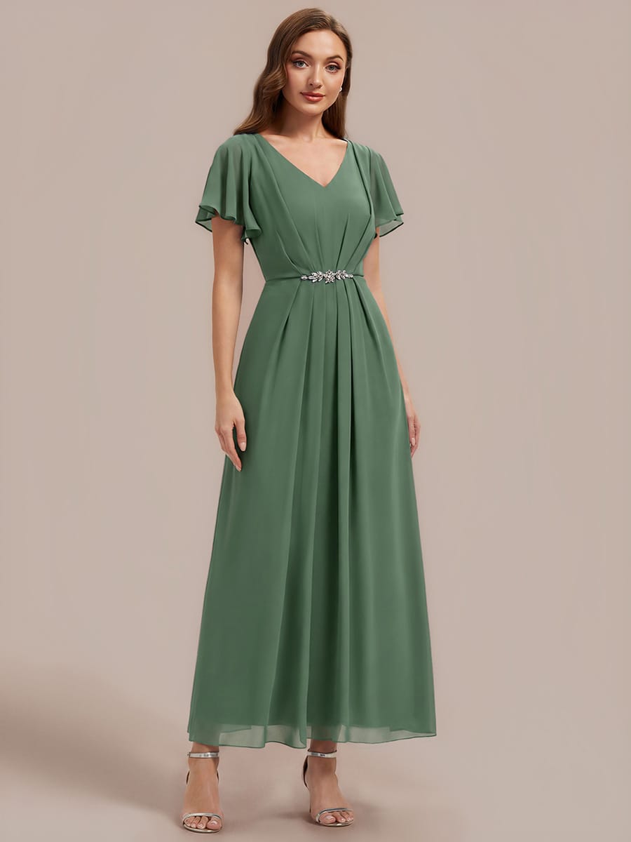Rhinestone Embellished Chiffon Ruffle Sleeve Dress #color_Eucalyptus Green