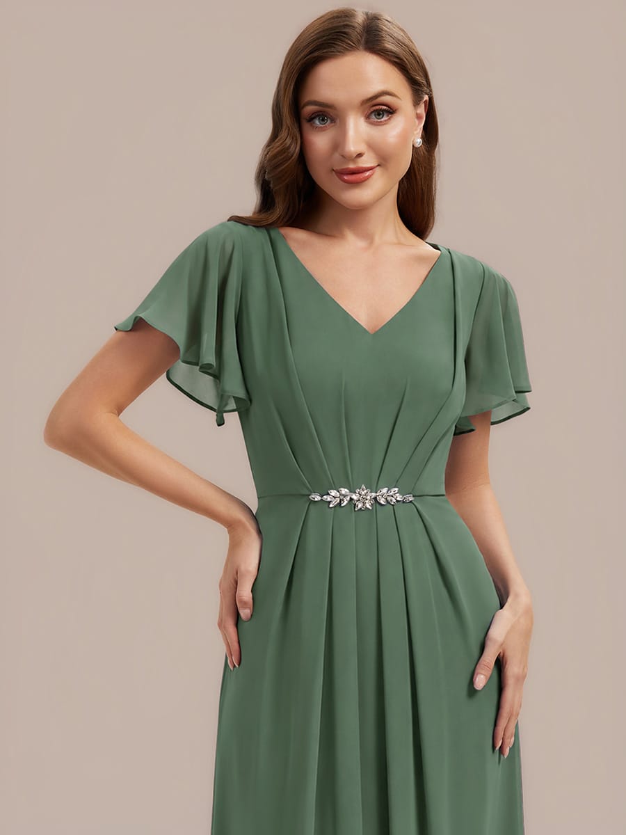Rhinestone Embellished Chiffon Ruffle Sleeve Dress #color_Eucalyptus Green