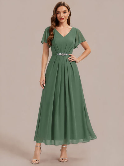 Rhinestone Embellished Chiffon Ruffle Sleeve Dress