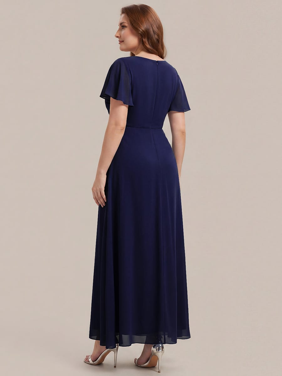 Rhinestone Embellished Chiffon Ruffle Sleeve Dress #color_Navy Blue