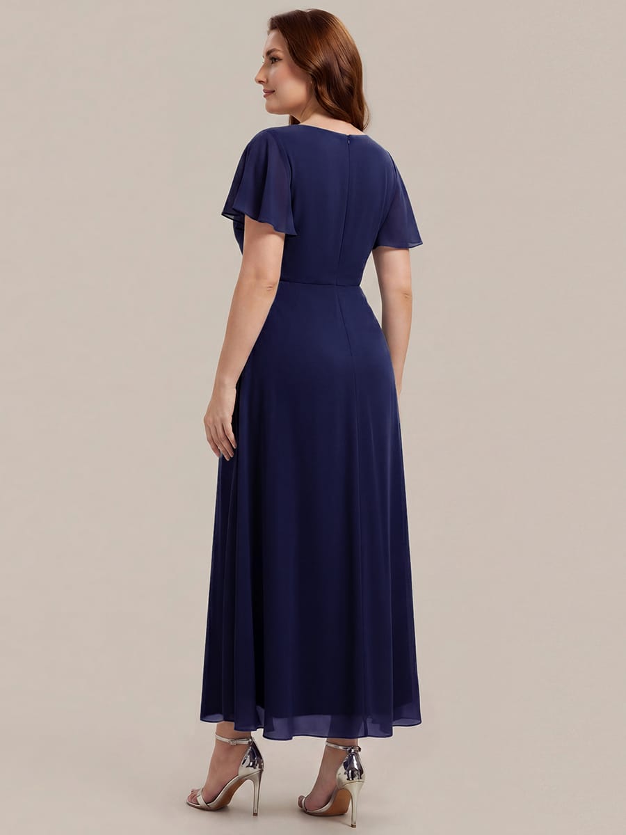 Rhinestone Embellished Chiffon Ruffle Sleeve Dress #color_Navy Blue