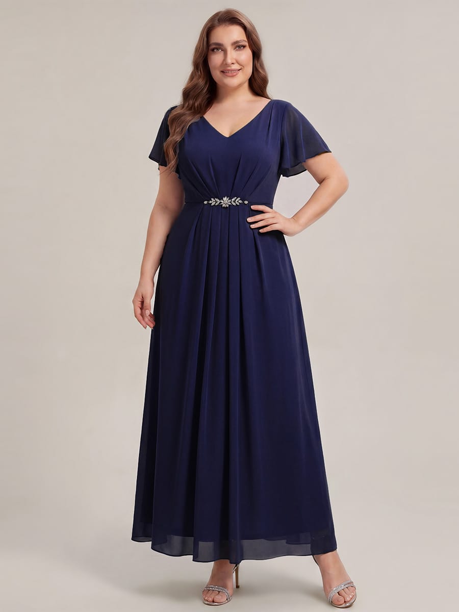 Rhinestone Embellished Chiffon Ruffle Sleeve Dress #color_Navy Blue