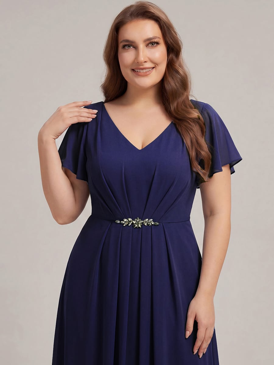 Rhinestone Embellished Chiffon Ruffle Sleeve Dress #color_Navy Blue