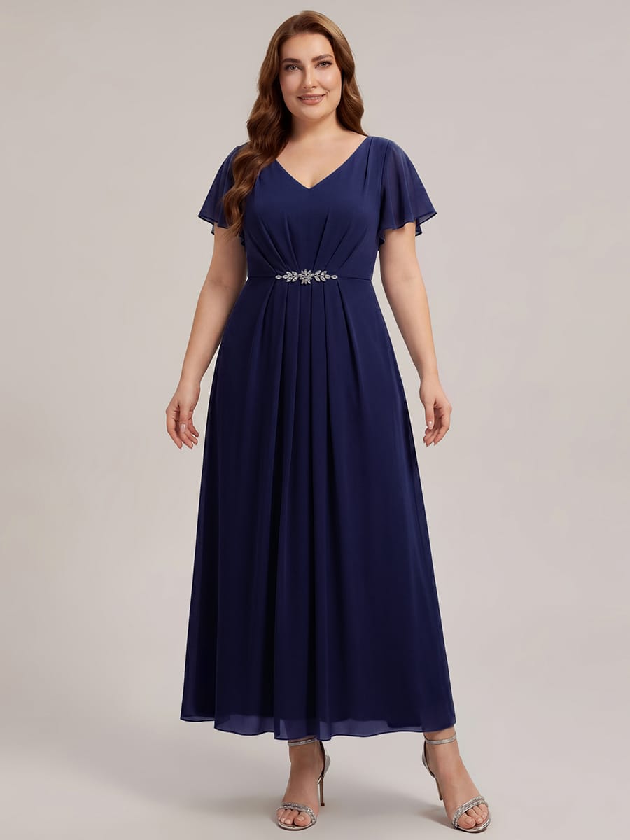 Rhinestone Embellished Chiffon Ruffle Sleeve Dress #color_Navy Blue