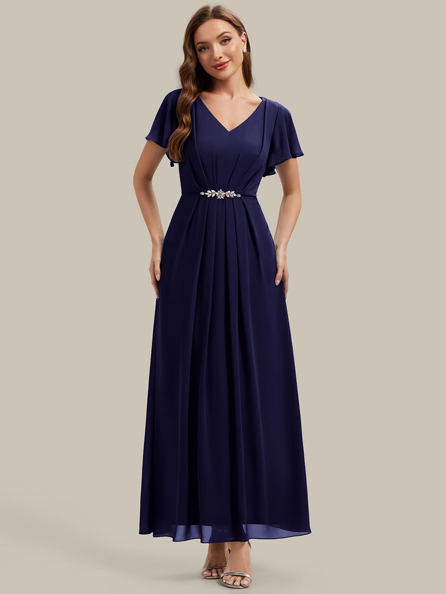 Rhinestone Embellished Chiffon Ruffle Sleeve Dress #color_Navy Blue