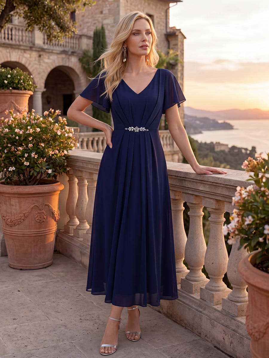 Rhinestone Embellished Chiffon Ruffle Sleeve Dress #color_Navy Blue