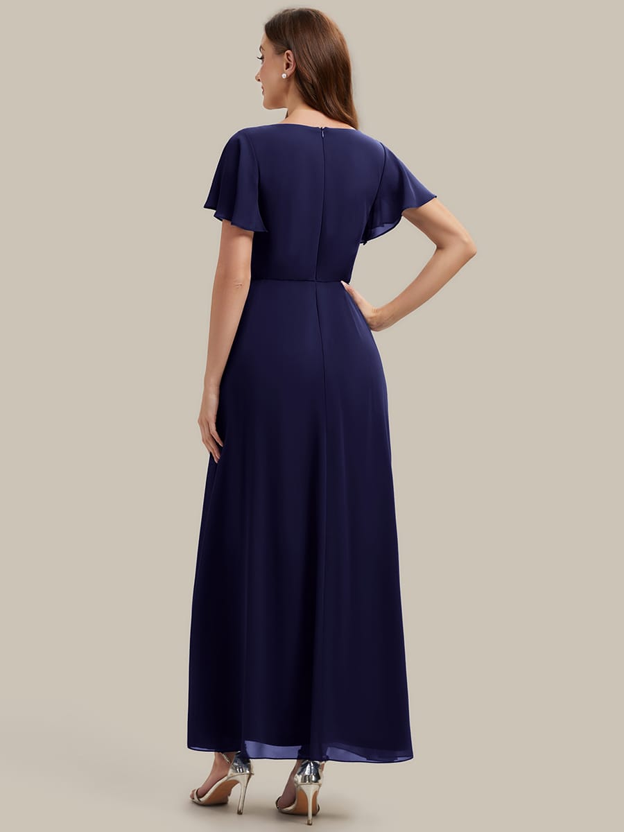 Rhinestone Embellished Chiffon Ruffle Sleeve Dress #color_Navy Blue