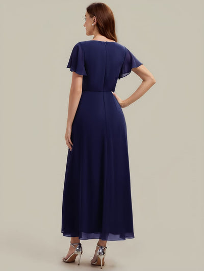 Rhinestone Embellished Chiffon Ruffle Sleeve Dress #color_Navy Blue