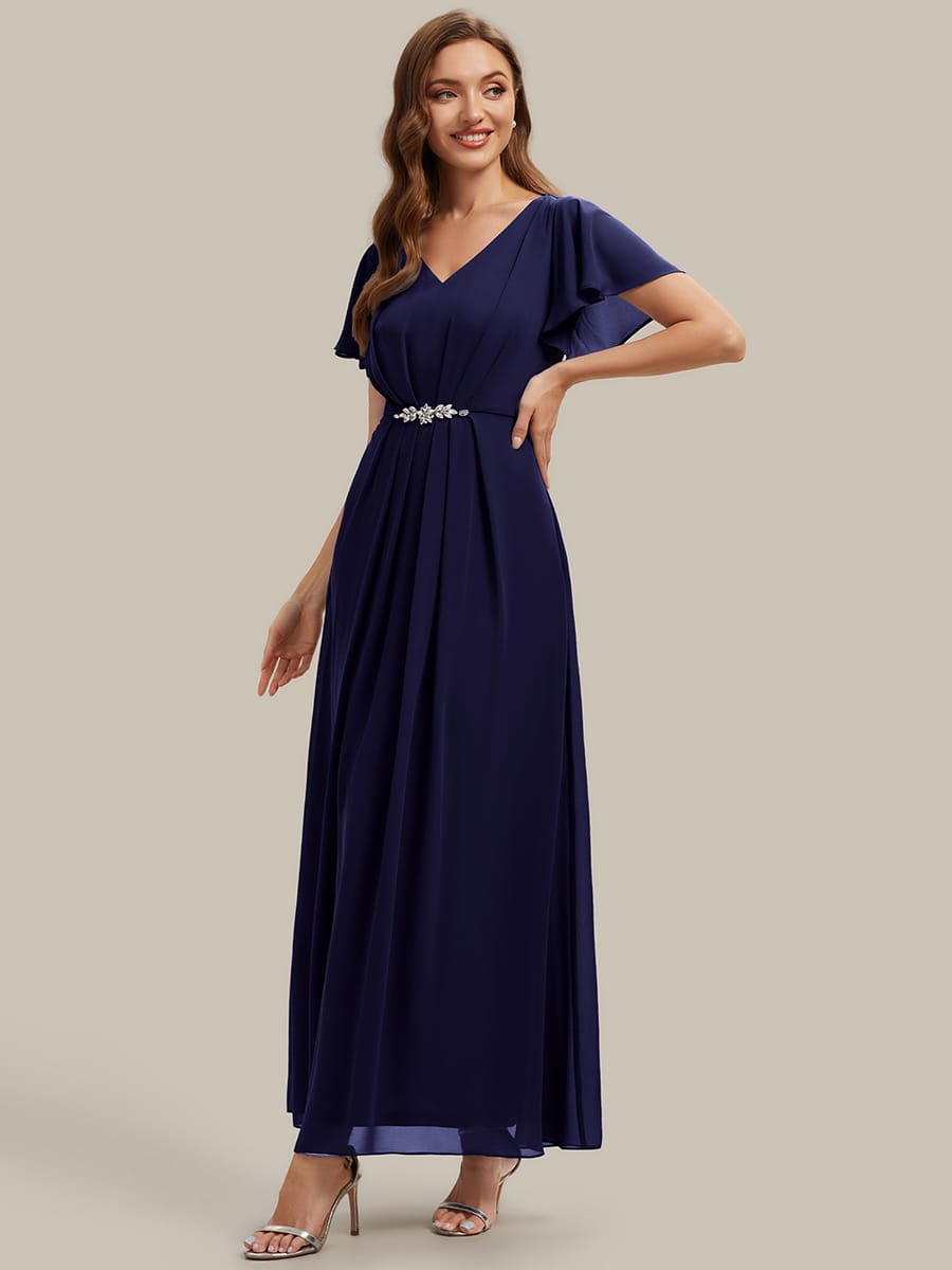 Rhinestone Embellished Chiffon Ruffle Sleeve Dress #color_Navy Blue