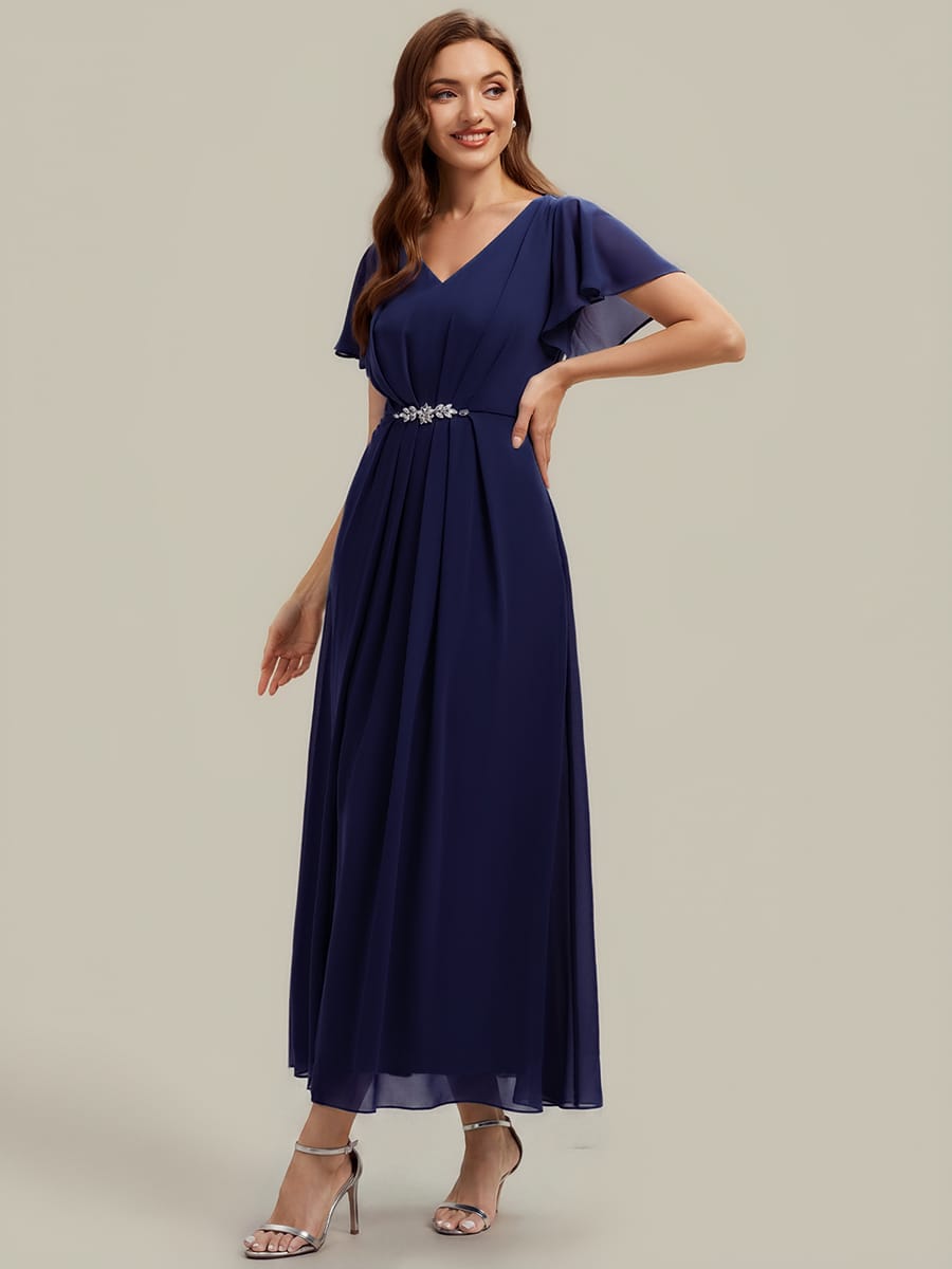 Rhinestone Embellished Chiffon Ruffle Sleeve Dress #color_Navy Blue