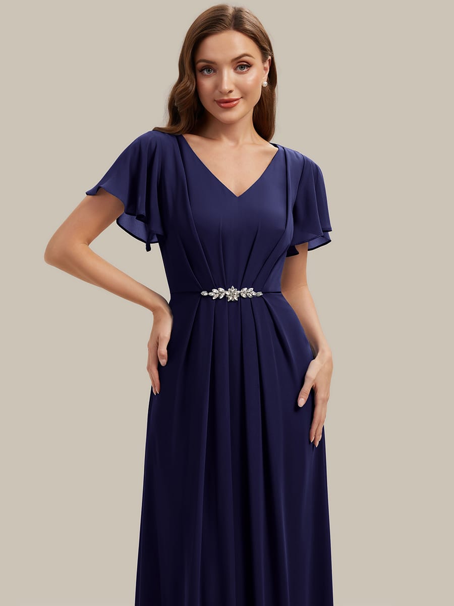 Rhinestone Embellished Chiffon Ruffle Sleeve Dress #color_Navy Blue