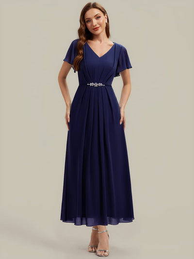 Rhinestone Embellished Chiffon Ruffle Sleeve Dress
