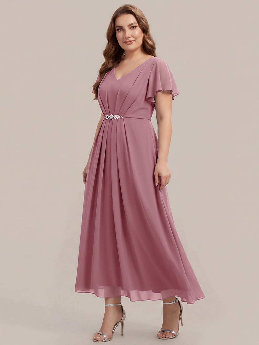 Rhinestone Embellished Chiffon Ruffle Sleeve Dress #color_Purple Orchid