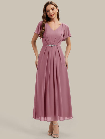 Rhinestone Embellished Chiffon Ruffle Sleeve Dress