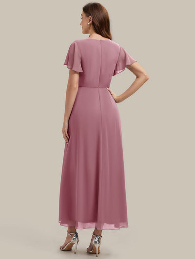 Rhinestone Embellished Chiffon Ruffle Sleeve Dress