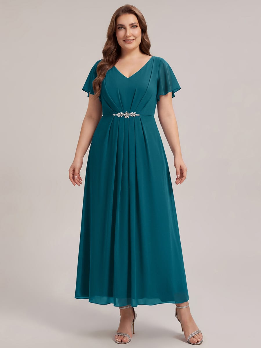 Rhinestone Embellished Chiffon Ruffle Sleeve Dress #color_Teal Blue