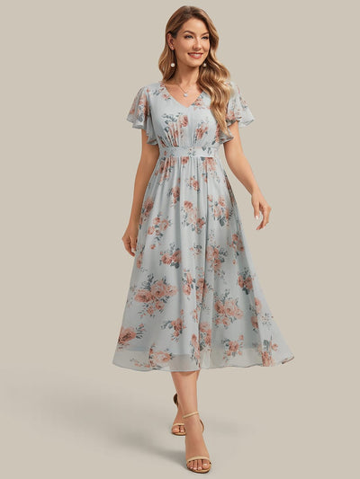 Floral Print Chiffon Ruffle Sleeve A-line Dress