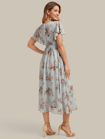 Floral Print Chiffon Ruffle Sleeve A-line Dress
