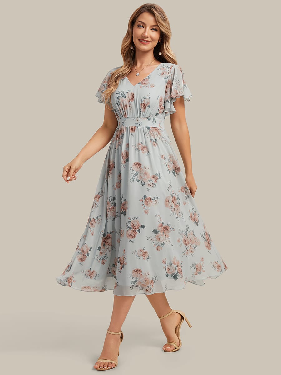 Chiffon Ruffle Sleeve A-line Dress #color_Amber Bloom