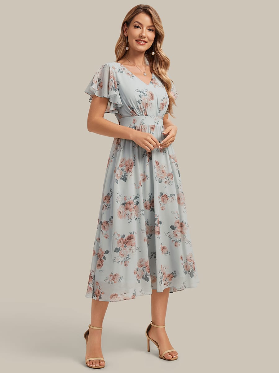 Chiffon Ruffle Sleeve A-line Dress #color_Amber Bloom